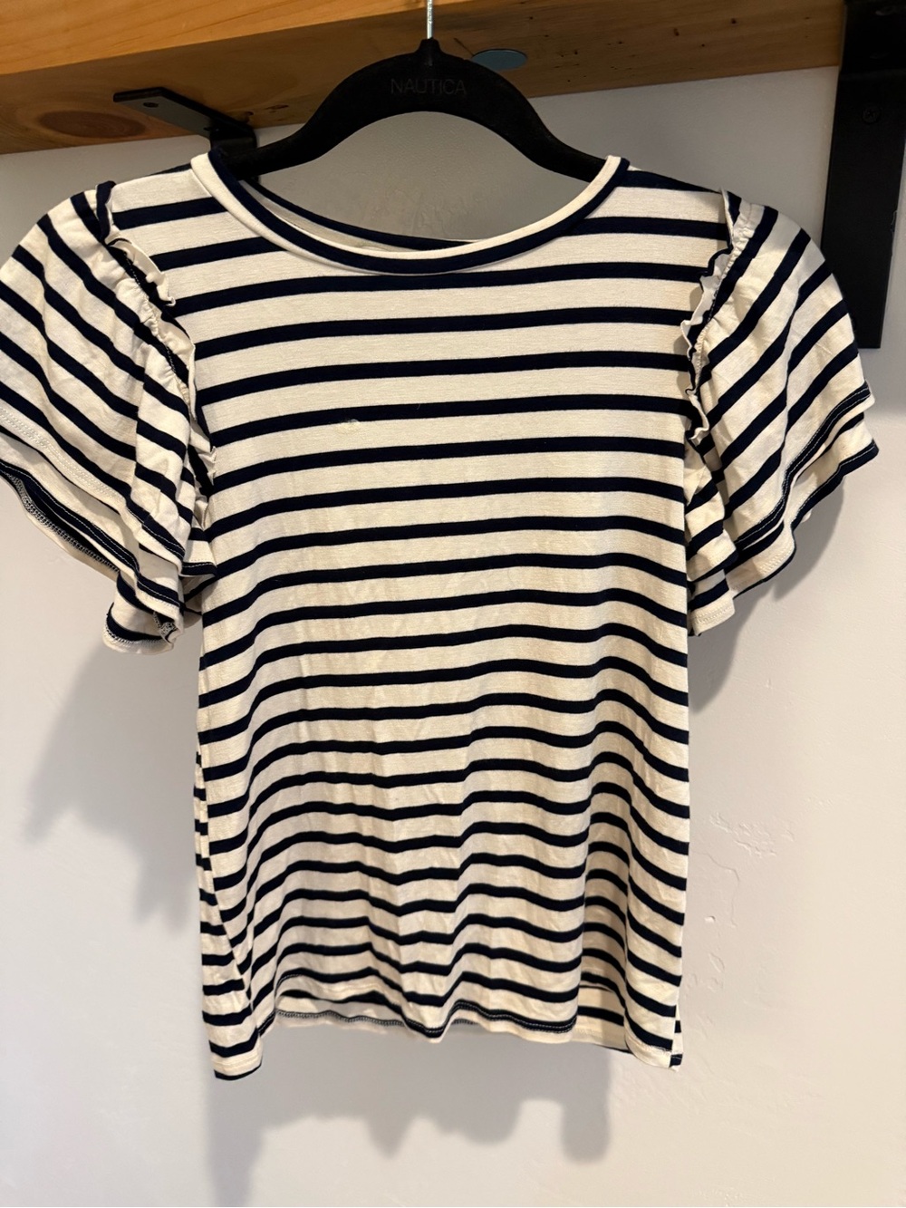 Striped Short Sleeve Flutter Top in Navy and White